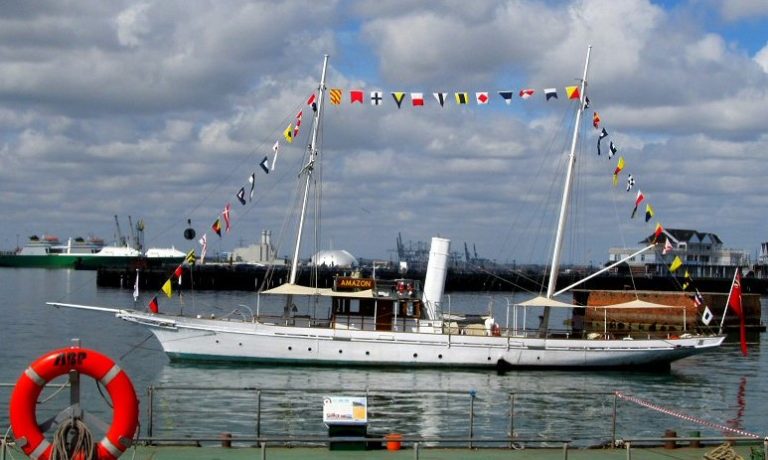 Yacht AMAZON 1885 11 Dressed Overall at the Southampton Maritime Festival 05 May 2013 768x460