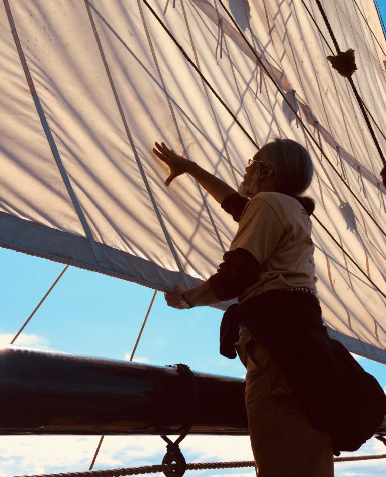 E surveying Lady Wa sails 768x950