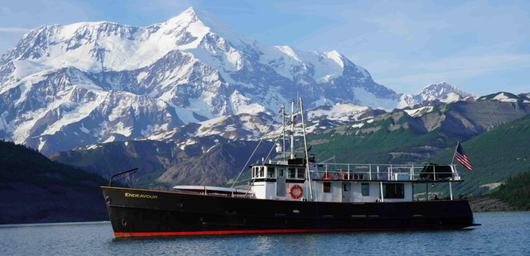 The Endeavour in Icy Bay with Mt St Elias in the background 768x371